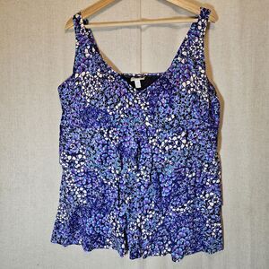 Avenue Ruffled Print Tankini Top Blue Purple Silver Floral Womens Size 24 Tie